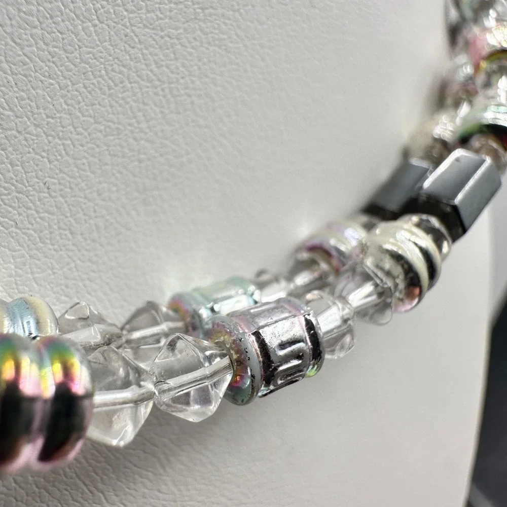 Vintage‎ 90s Silver Tone Clear Glass & Hematite Beaded Necklace Women's Jewelry